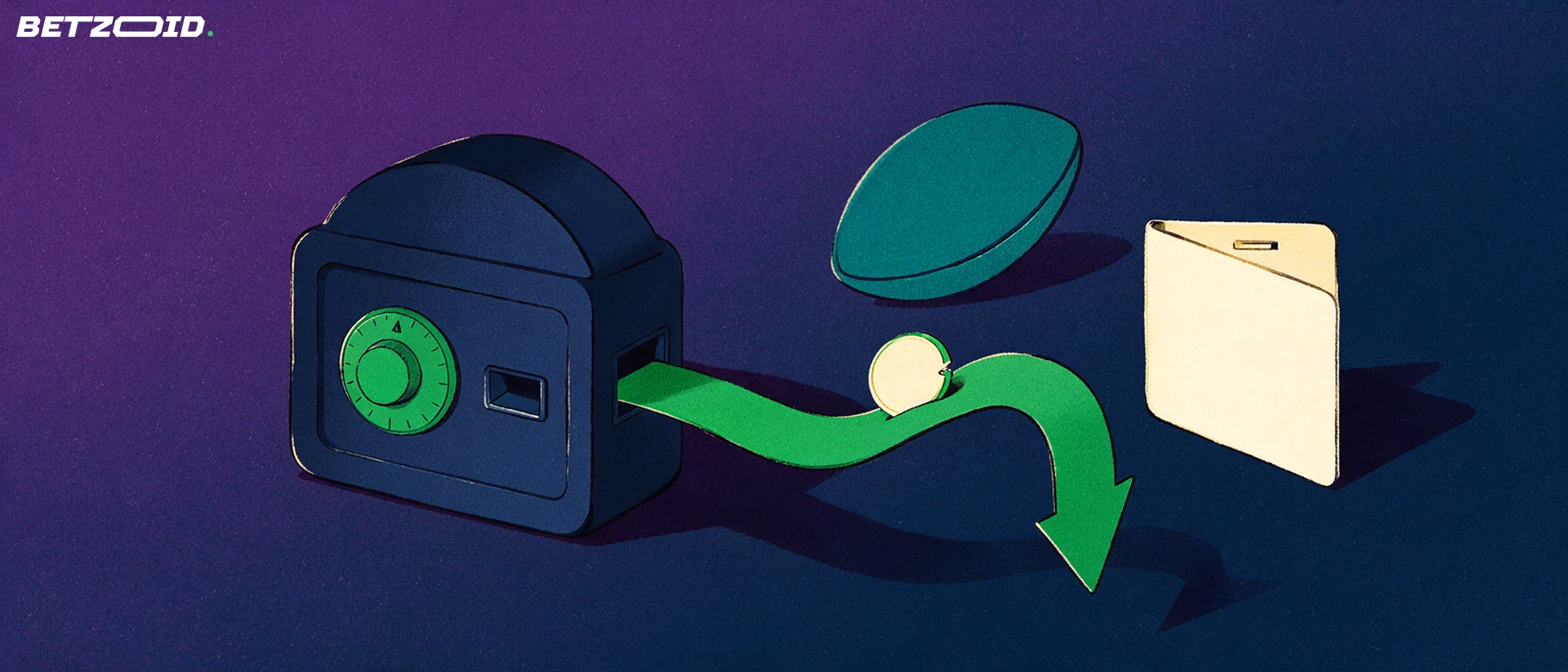 Illustration of a strongbox with a curved arrow carrying a token into an open wallet card beside an American football shape.