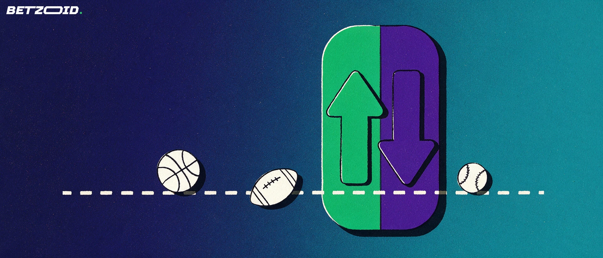 Illustration of a large up arrow and down arrow either side of a dashed projection line with basketball, football and baseball markers.