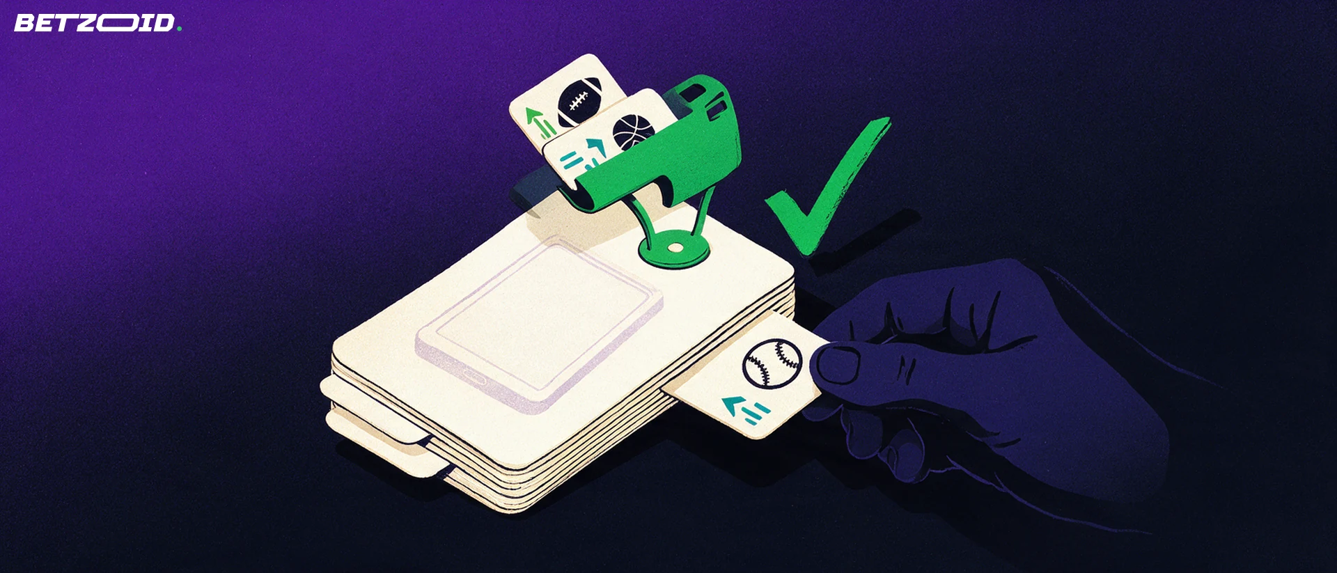 Illustration of a hand assembling three sport pick cards with up and down chevrons into one clipped entry slip beside a checkmark.