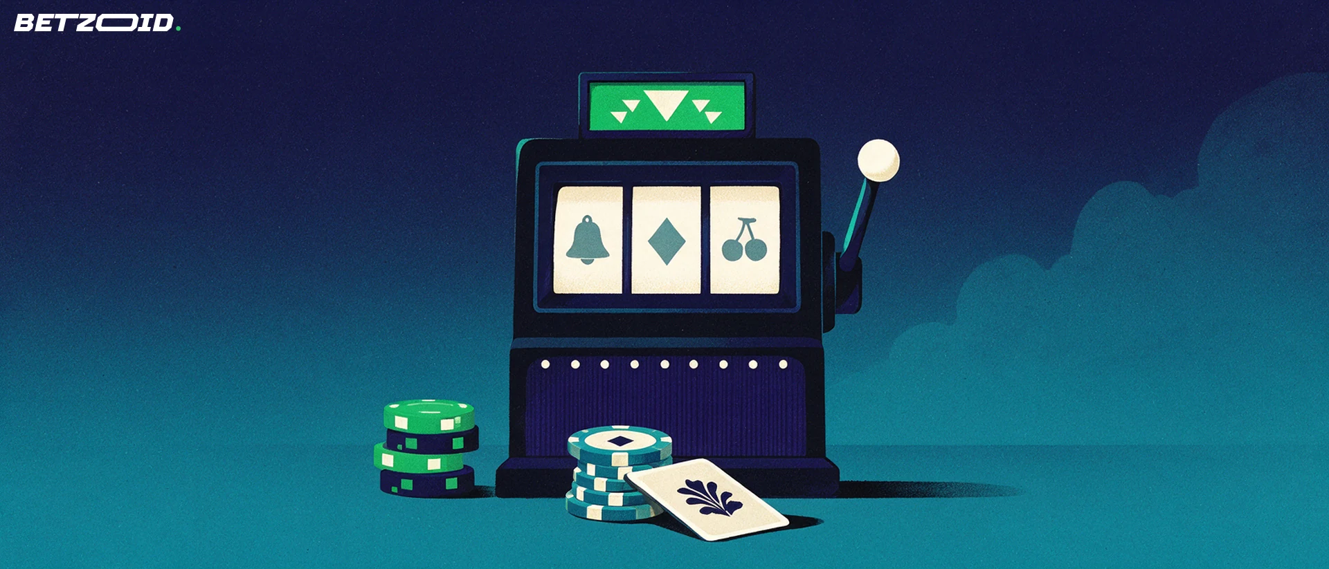 Illustration of a slot machine cabinet with bell, diamond and cherry reel symbols beside two small stacks of casino chips and a face-down card.