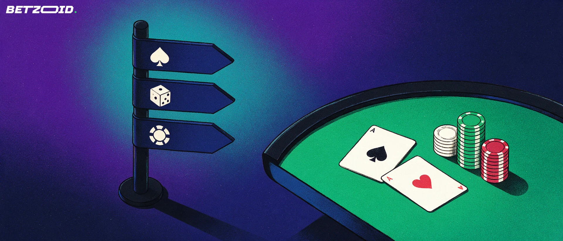 Illustration of a signpost with spade, dice and chip icon arrows pointing toward a curved card table with chip stacks and two playing cards.