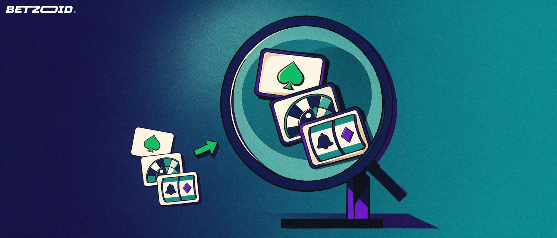 Illustration of a magnifying glass enlarging casino game symbols including a spade, a roulette wheel segment and a slot reel.
