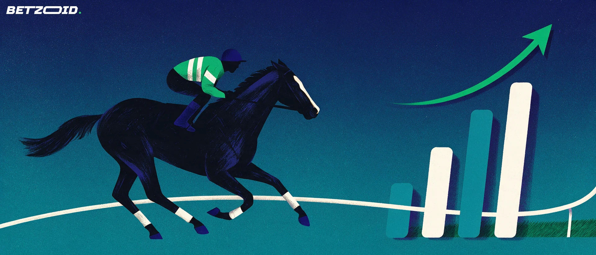 Illustration of a galloping racehorse and jockey beside rising bars topped by an upward arrow.