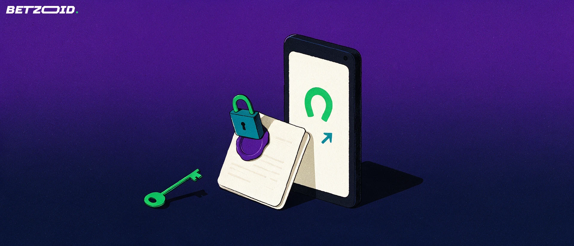 Illustration of a phone showing a horseshoe symbol next to a sealed document with padlock and key.