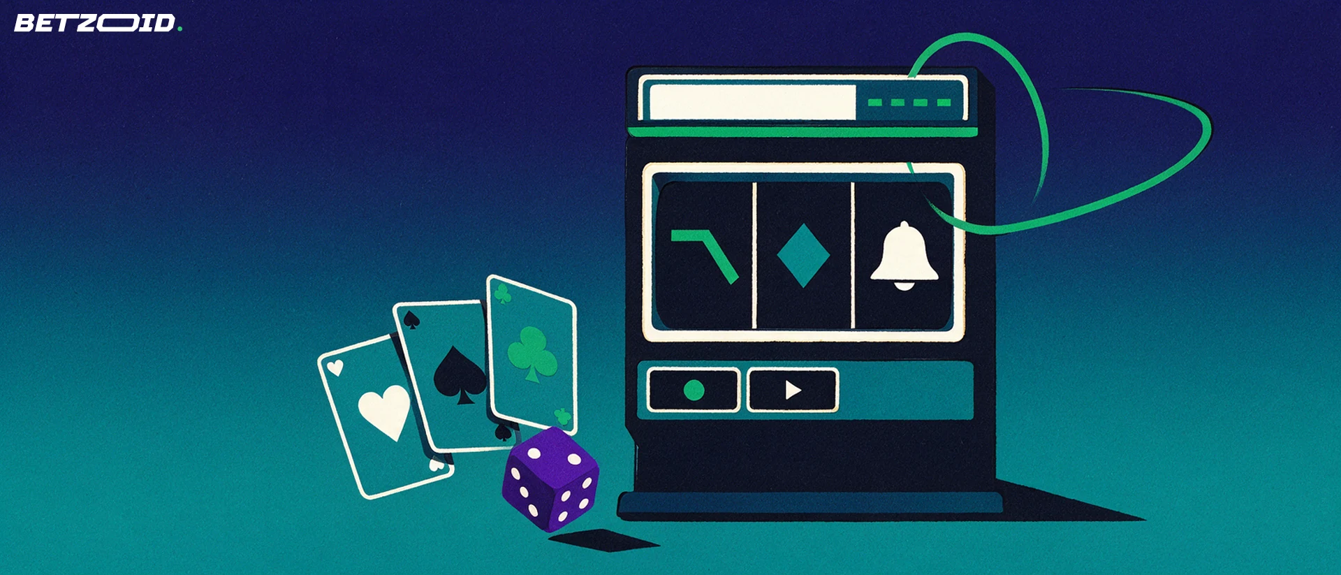 Illustration of a slot machine cabinet with symbol reels beside fanned playing cards and a die