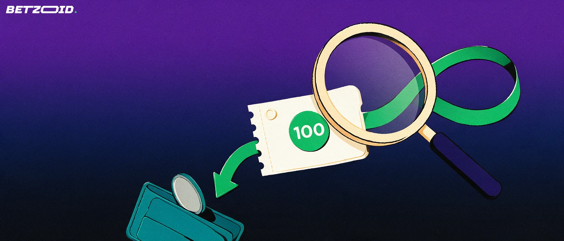 Illustration of a magnifying glass examining a bonus voucher with a looping arrow beside a wallet receiving a chip