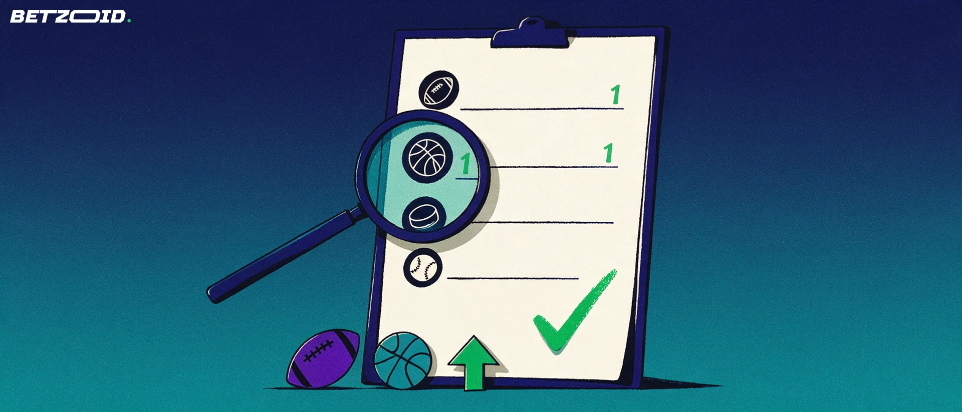 Illustration of a magnifying glass inspecting a large bet slip with sport symbols, a football and a basketball beside it