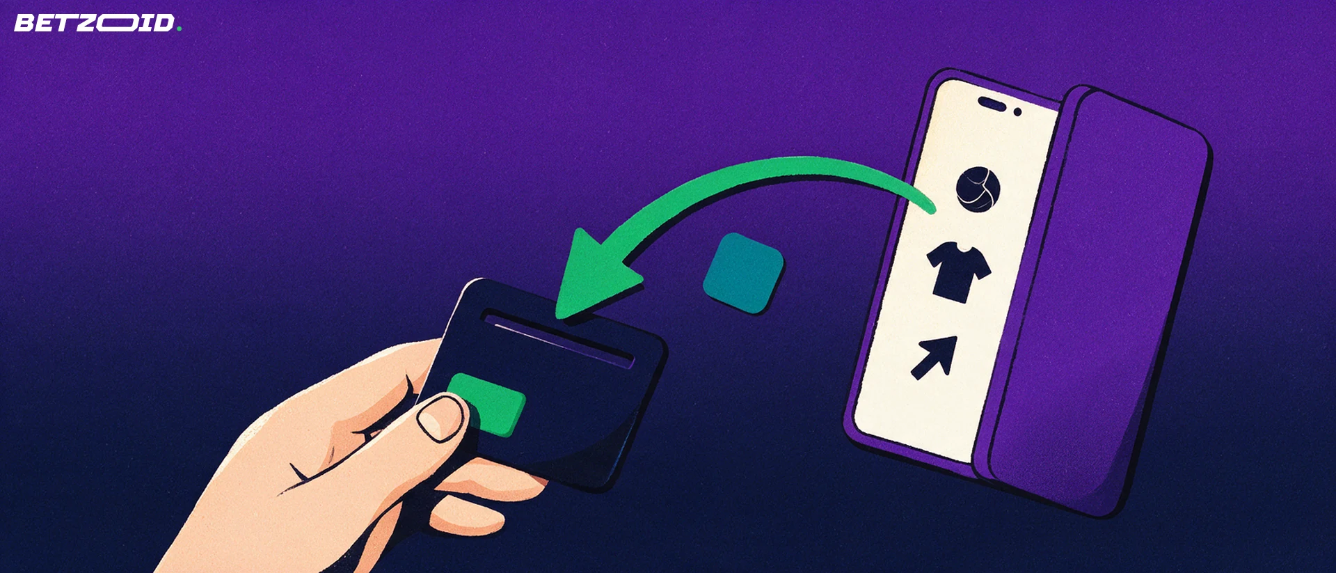 Illustration of a hand holding a payment card plate while a green arrow flows from a smartphone showing simple sport symbols
