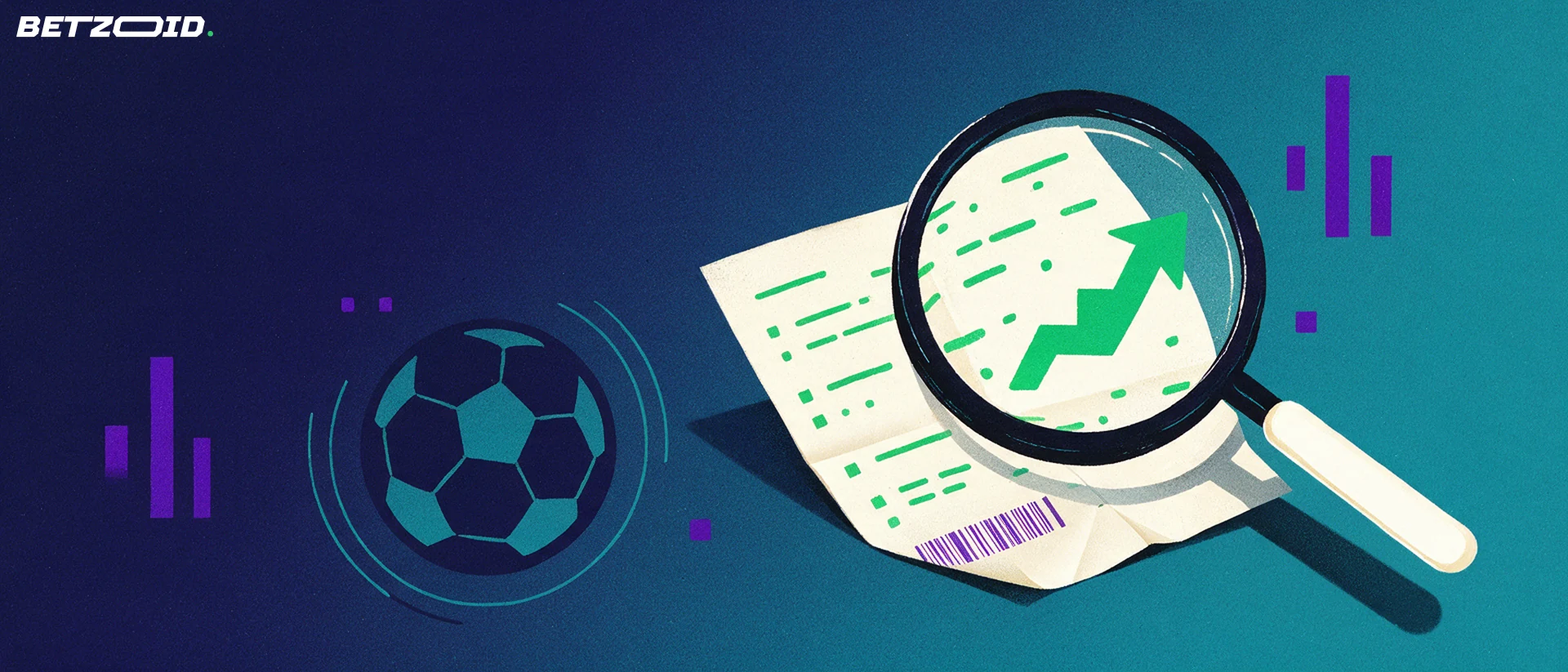 Illustration of a large magnifying glass examining a betting slip with an upward arrow, beside a stylised football.