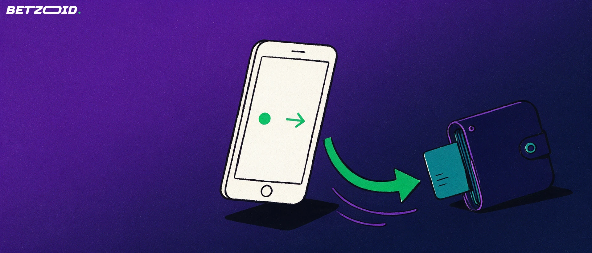 Illustration of a tilted smartphone with simple sport symbols and a green arrow curving into a bank card entering a wallet.