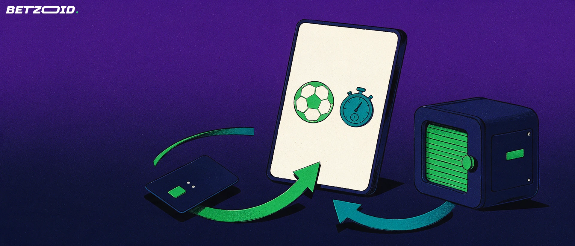 Illustration of a smartphone showing a football and stopwatch symbol, with a bank card and a wallet connected by curved deposit and withdrawal arrows.