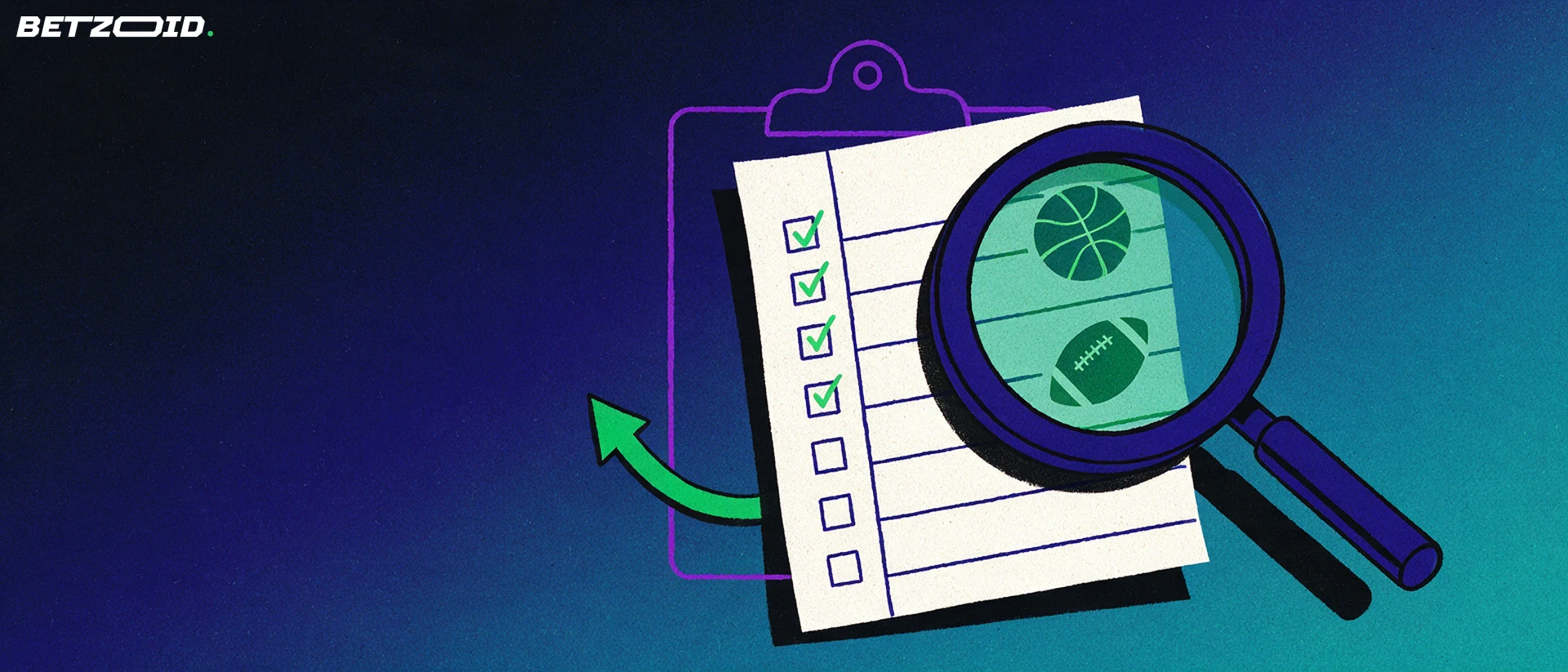 Illustration of a magnifying glass inspecting a paper betting slip marked with check marks and simple basketball and football symbols.