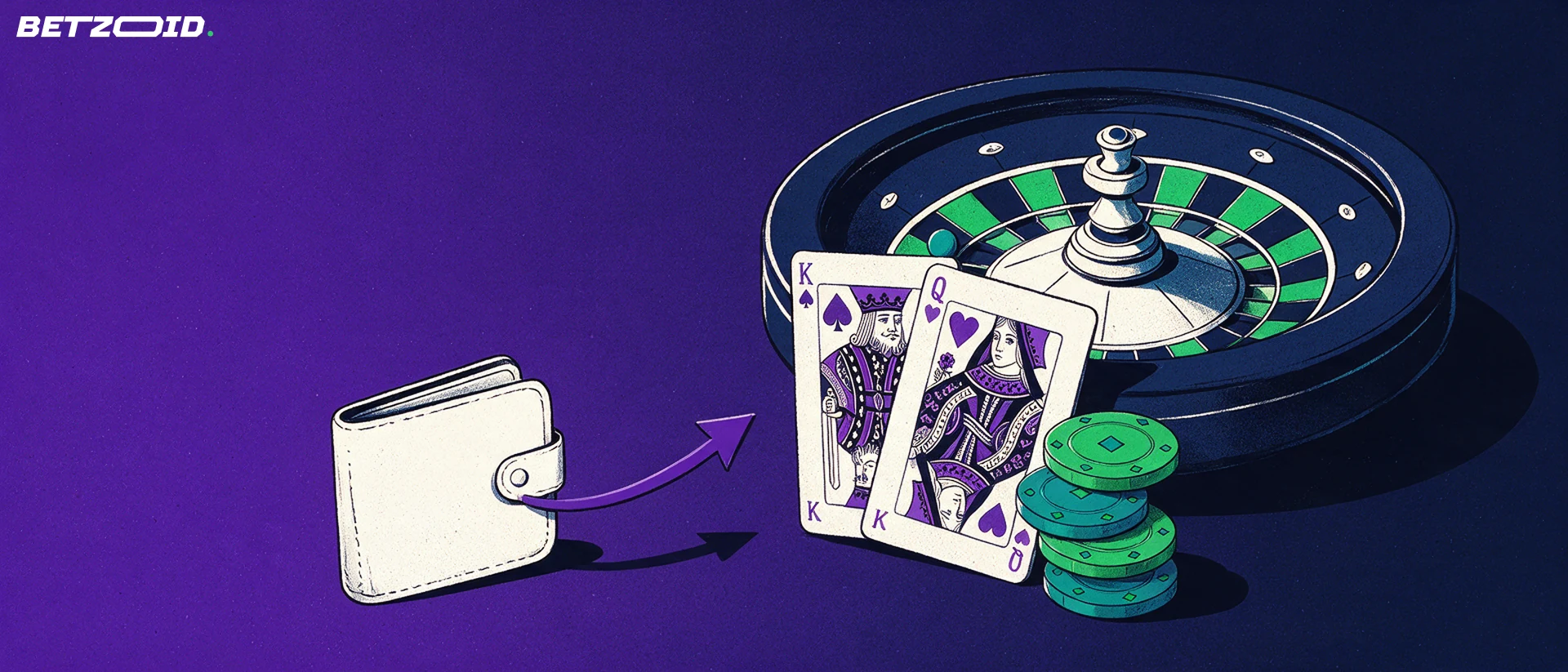 Illustration of a tilted roulette wheel with playing cards, chips and an arrow curving into a wallet shape.
