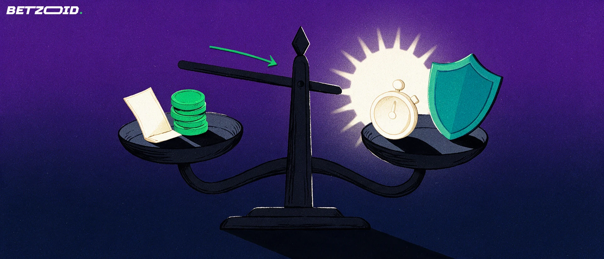 Illustration of a balance scale weighing betting chips and a ticket against a stopwatch and shield