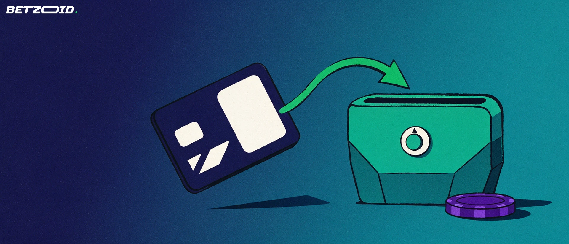 Illustration of a bank card with a green arrow curving into a vault-like wallet beside a single casino chip.