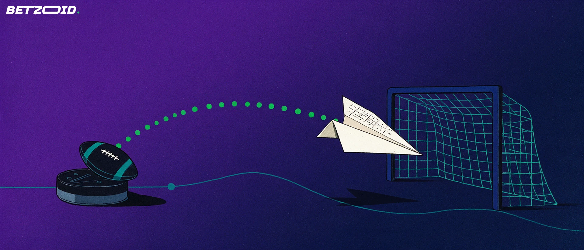 Illustration of a betting slip folded into a paper plane flying along a dotted arc through a simplified goal frame, beside a football and a hockey puck.