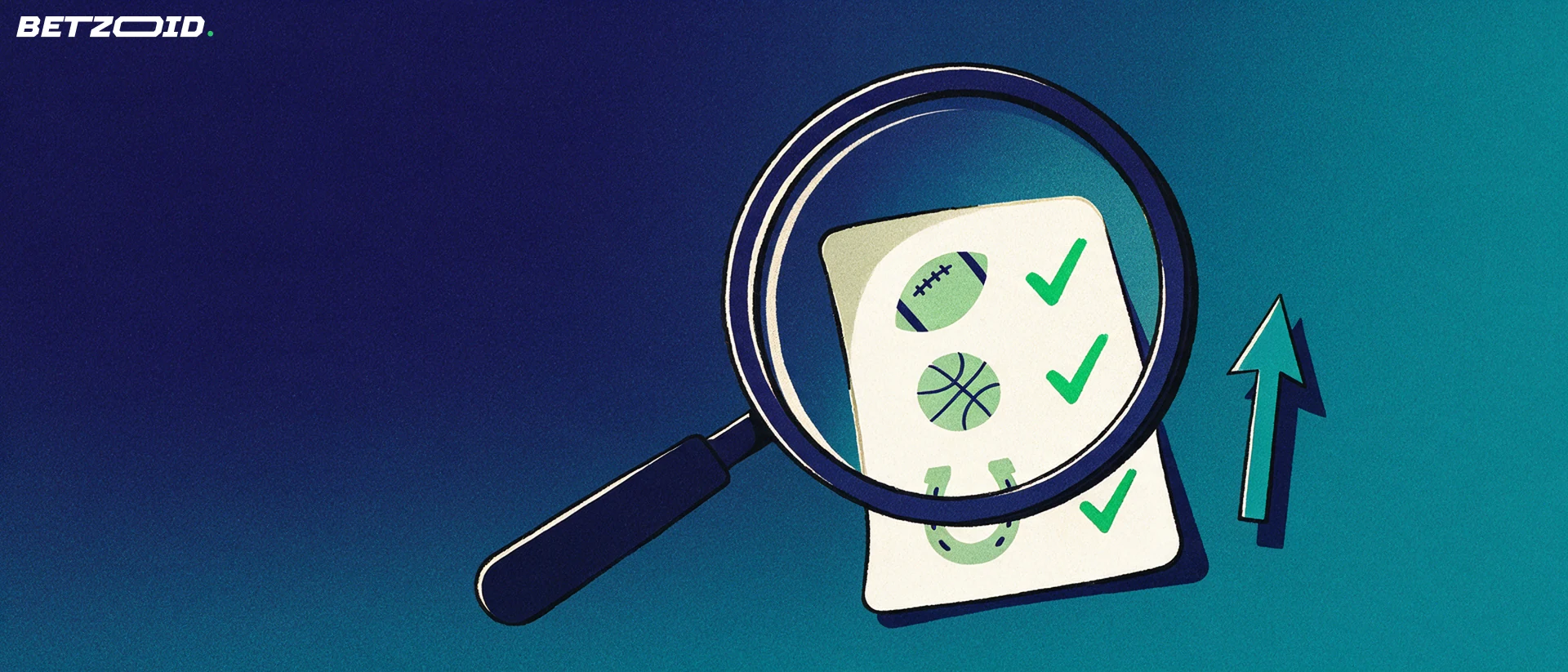 Illustration of a large magnifying glass inspecting a betting slip marked with sport symbols and checkmarks