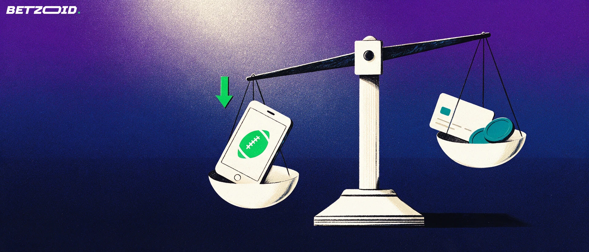 Illustration of a balance scale weighing a phone with a football symbol against a bank card and payment discs