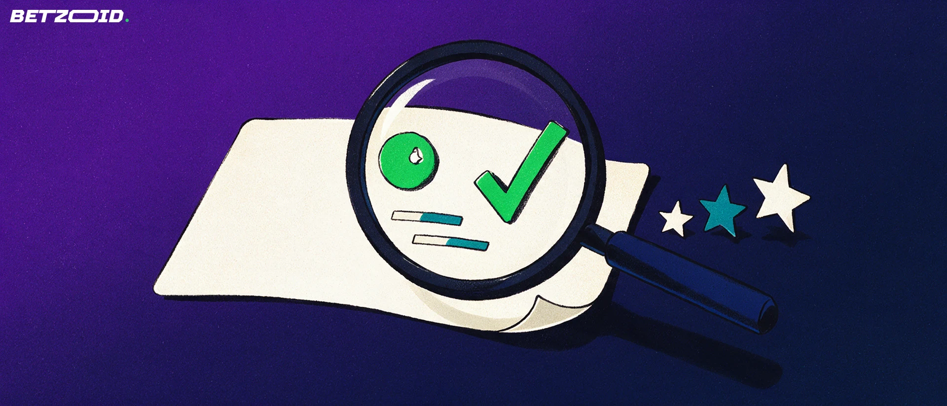 Illustration of a magnifying glass inspecting a betting slip with a football symbol, a checkmark and three rating stars.