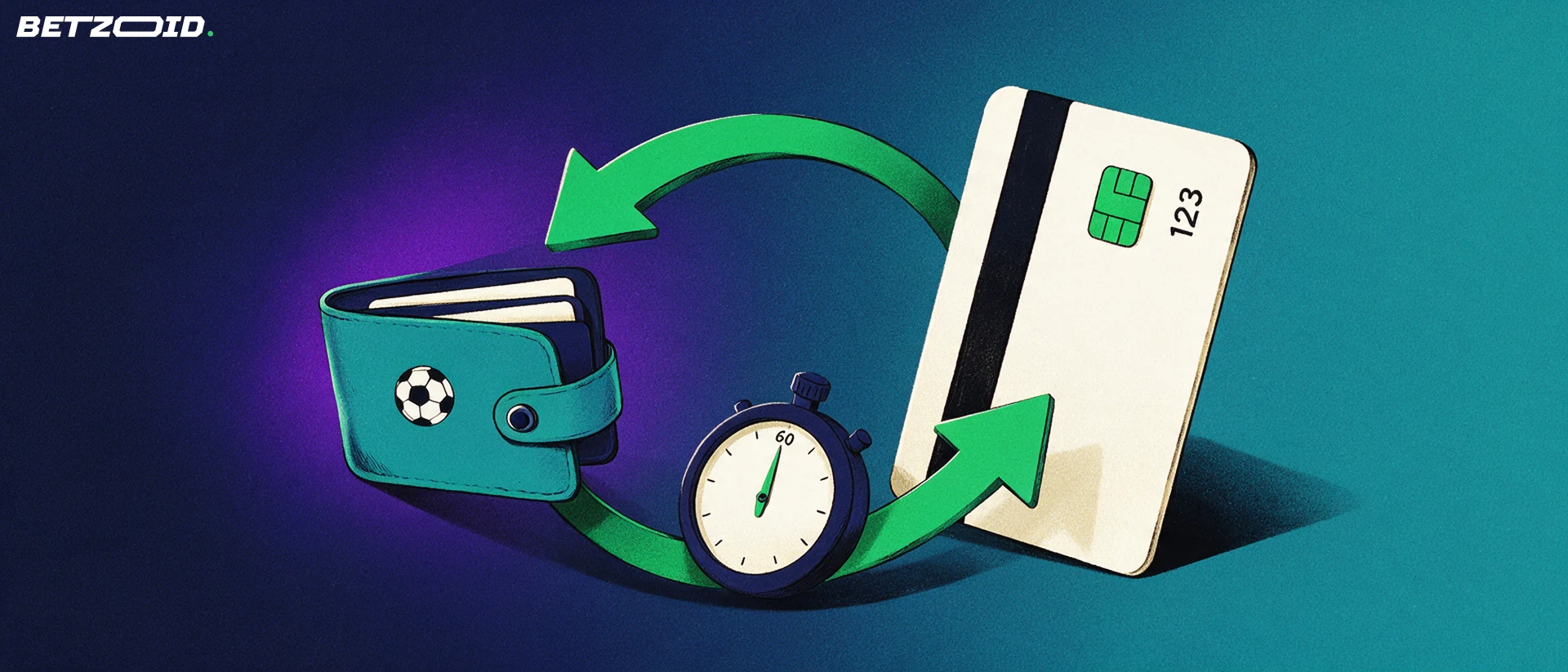 Illustration of a bank card and wallet linked by two curved arrows with a stopwatch and a small football icon.
