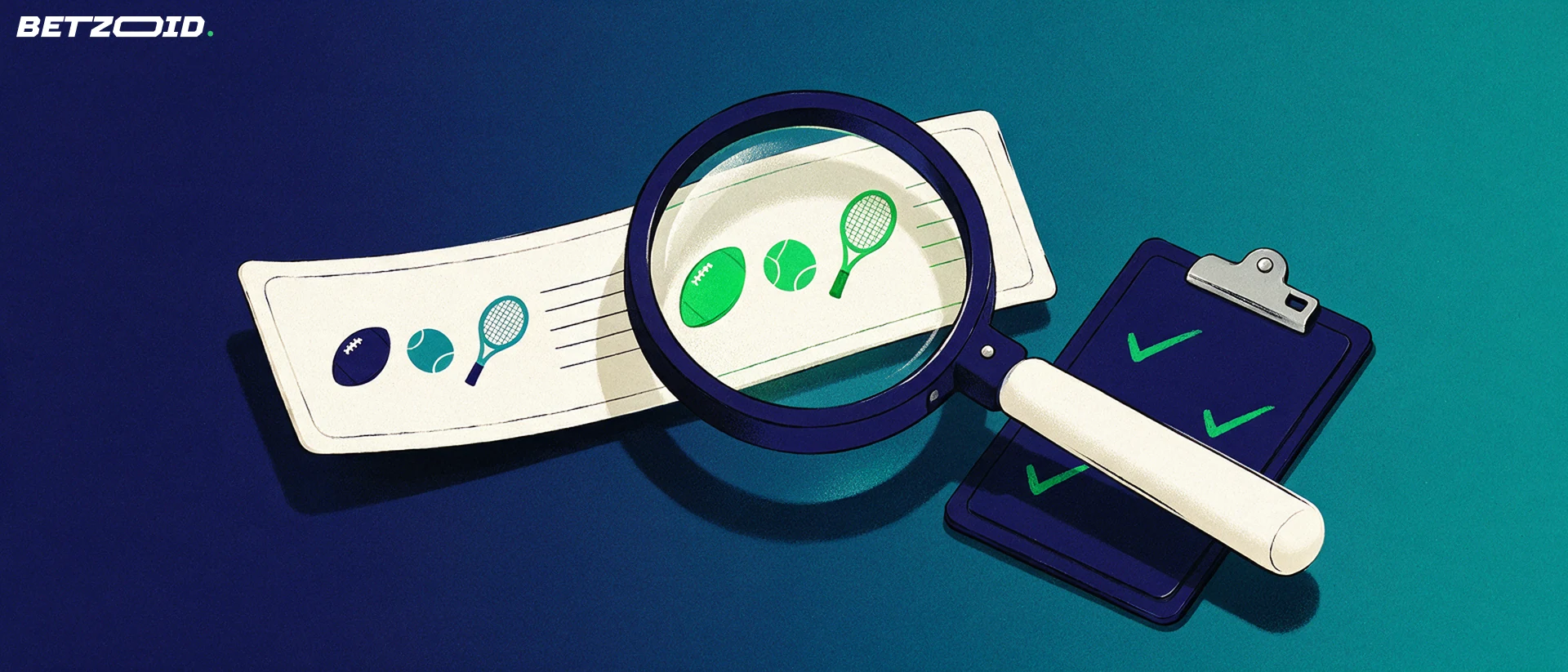 Illustration of a large magnifying glass examining a betting slip marked with football, cricket and tennis symbols, next to a clipboard with green tick marks.