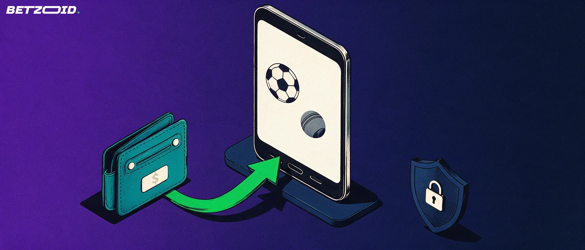 Illustration of a smartphone showing football and cricket ball symbols, with a green arrow curving from a wallet into the phone and a padlock shield beside it.