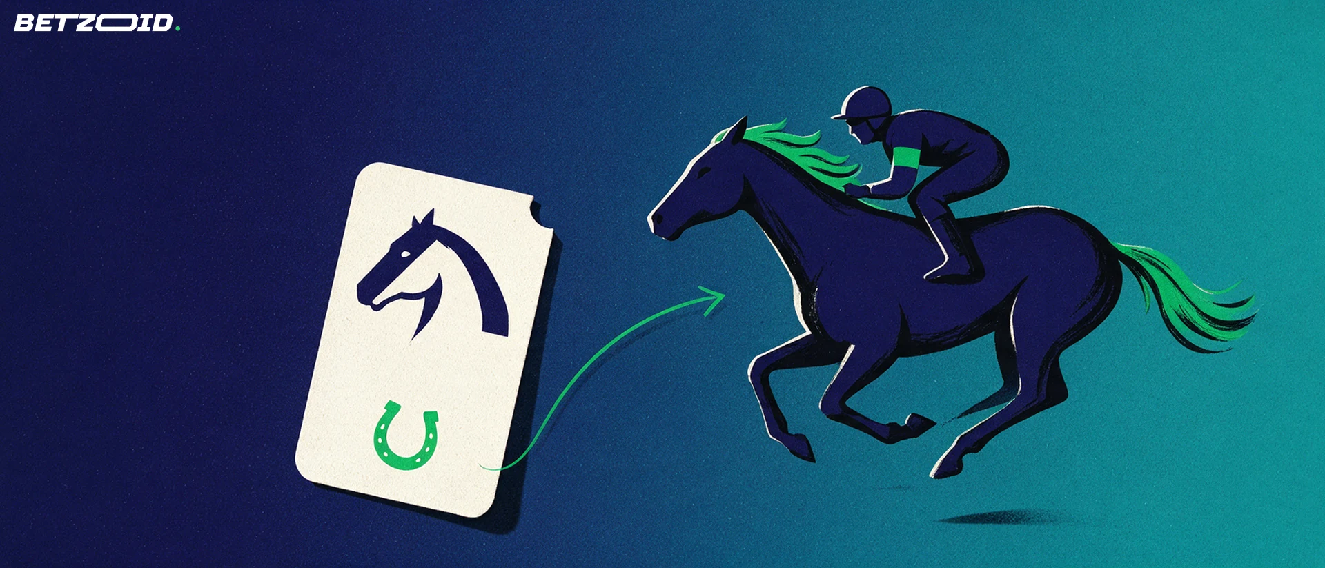 Illustration of a galloping racehorse and jockey beside a large paper wagering ticket marked with a horse-head symbol.