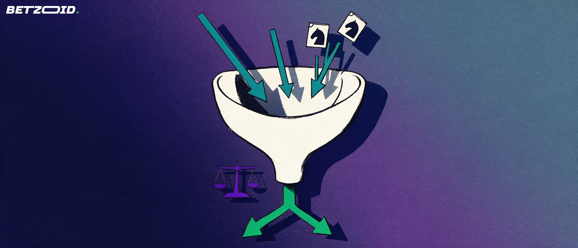 Illustration of a horseshoe shaped as a funnel collecting small betting slips and splitting one arrow into two payout arrows, with balance scales nearby.
