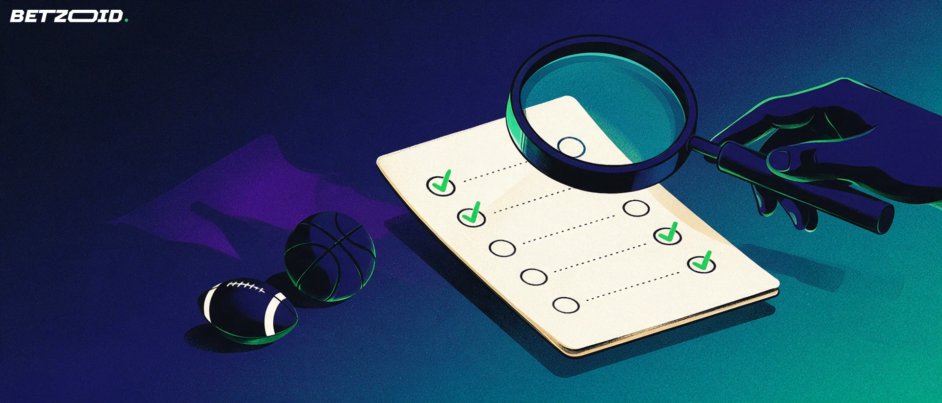 Illustration of a magnifying glass inspecting a blank betting slip beside a basketball and an American football.