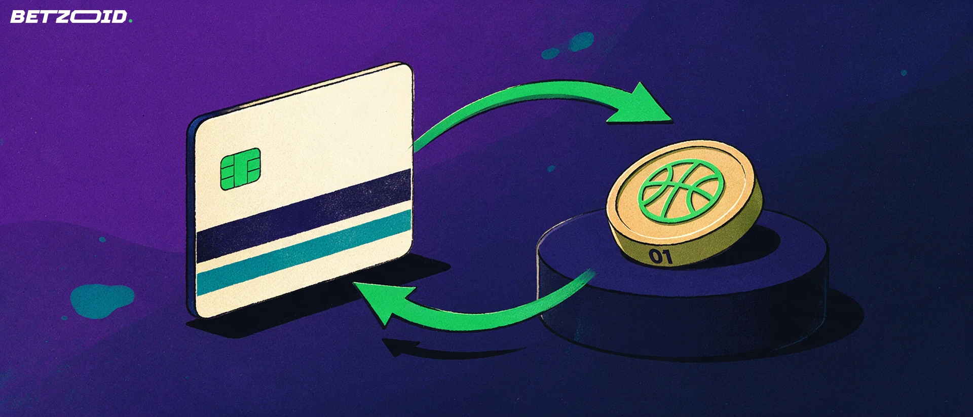 Illustration of a plain payment card and a round token with a basketball symbol linked by two curving arrows.