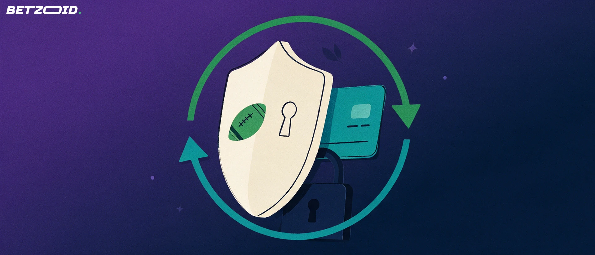 Illustration of a shield with a football symbol and keyhole guarding a payment card, encircled by two arrows for deposits and withdrawals.