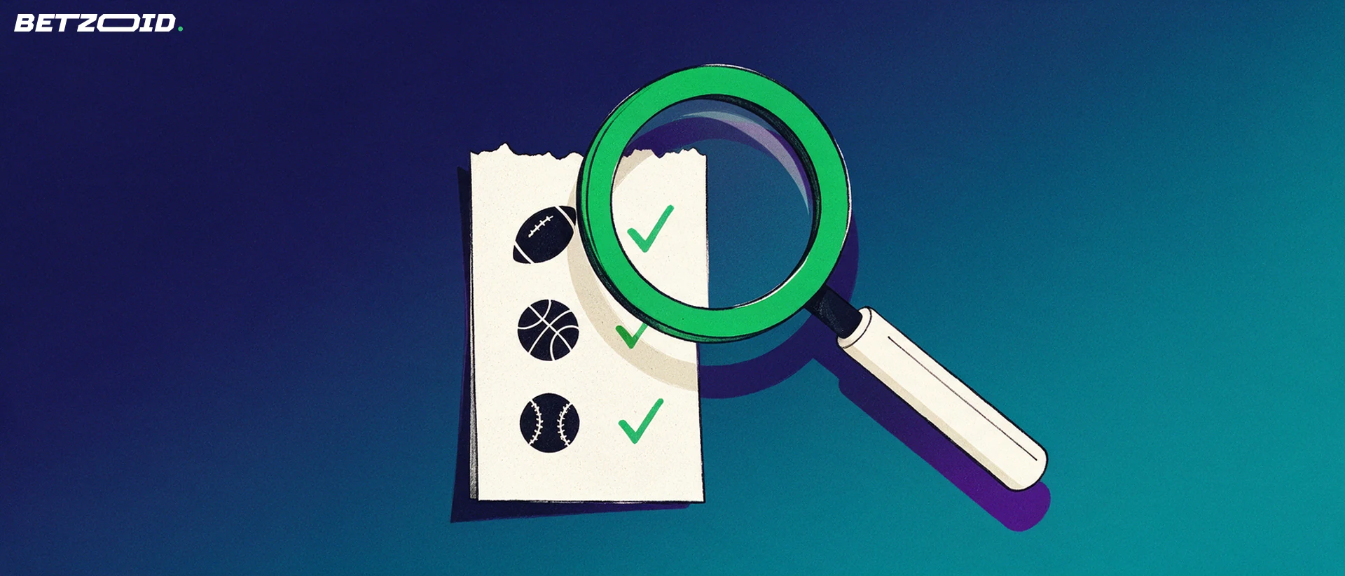 Illustration of a large magnifying glass examining a betting slip marked with American football, basketball and baseball symbols.