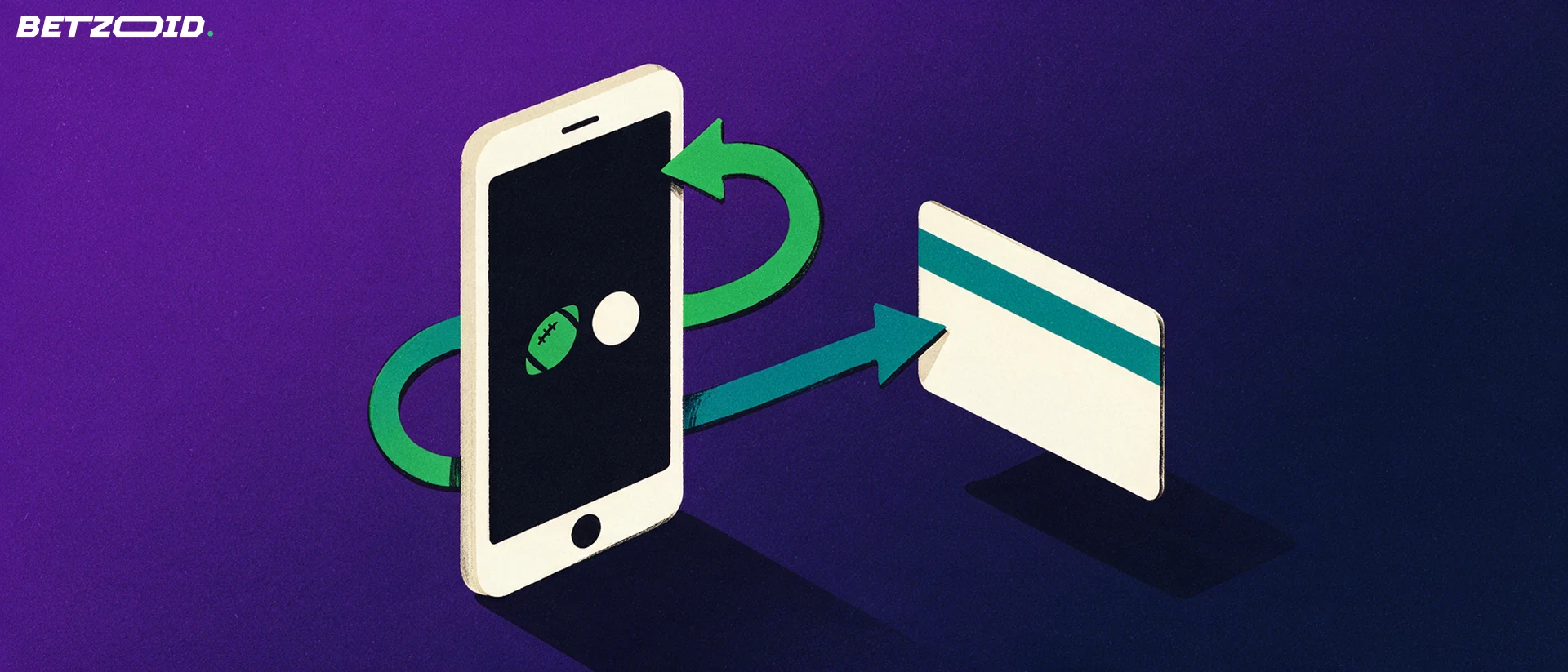 Illustration of a tilted smartphone displaying football and basketball symbols linked by two arrows to a plain payment card.