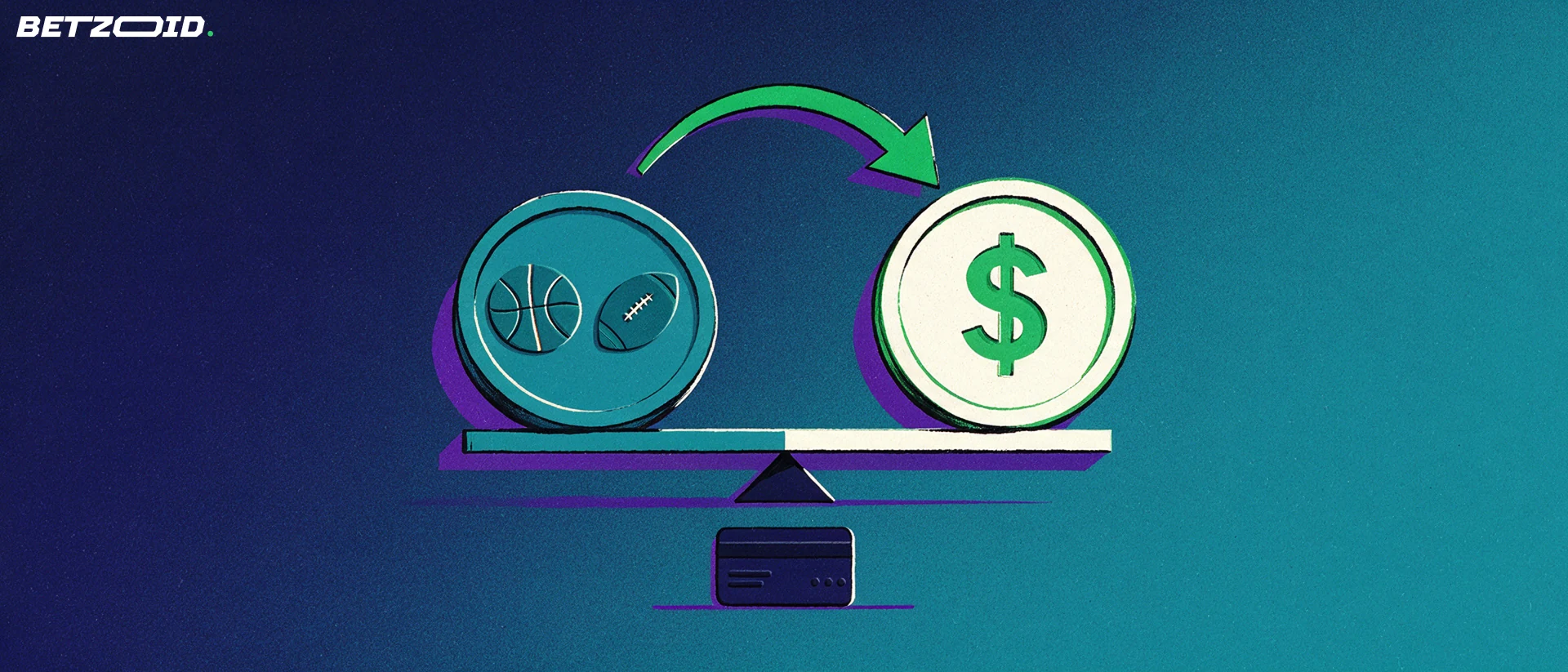 Illustration of two large betting tokens on a balance beam, one showing sports pictograms and one a dollar glyph, linked by a curved arrow above a payment card.
