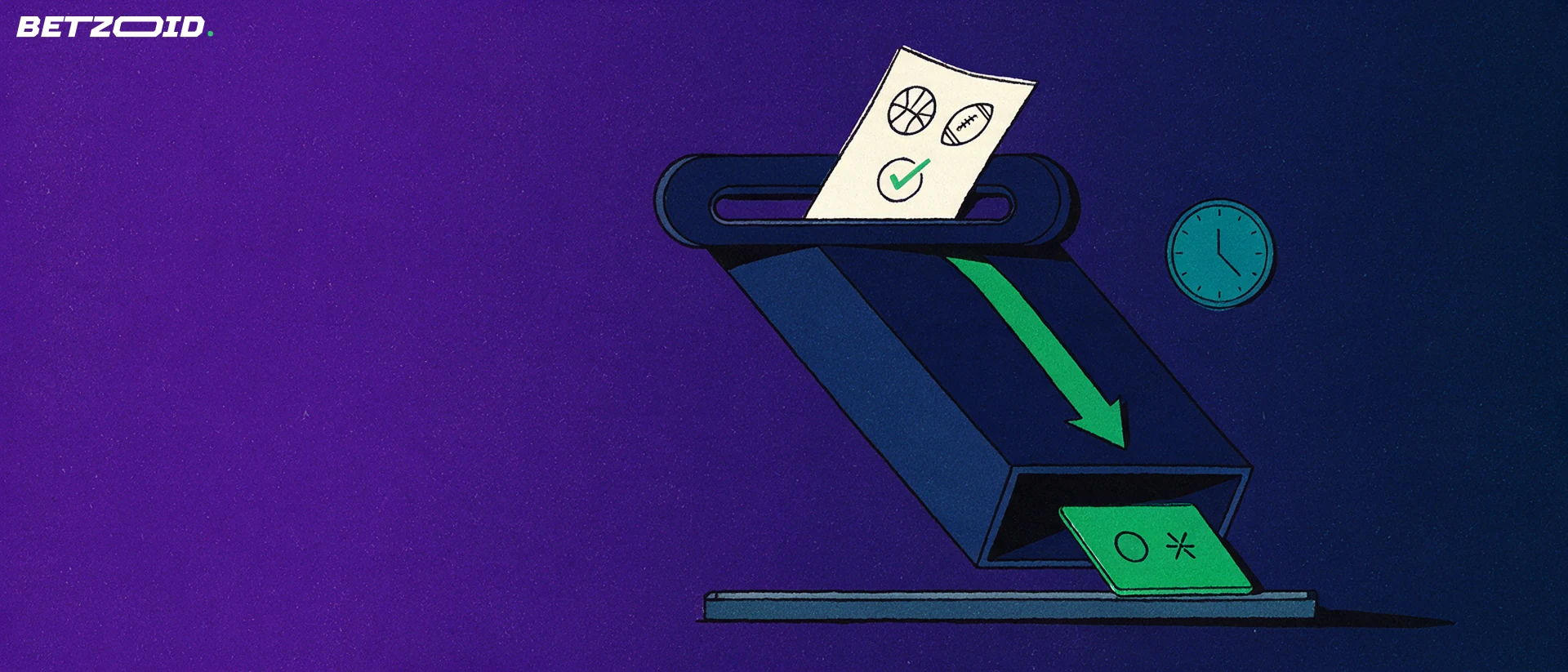 Illustration of a sports pick slip with ball pictograms entering a chute that dispenses a bank card, with an arrow and a small clock indicating payout time.