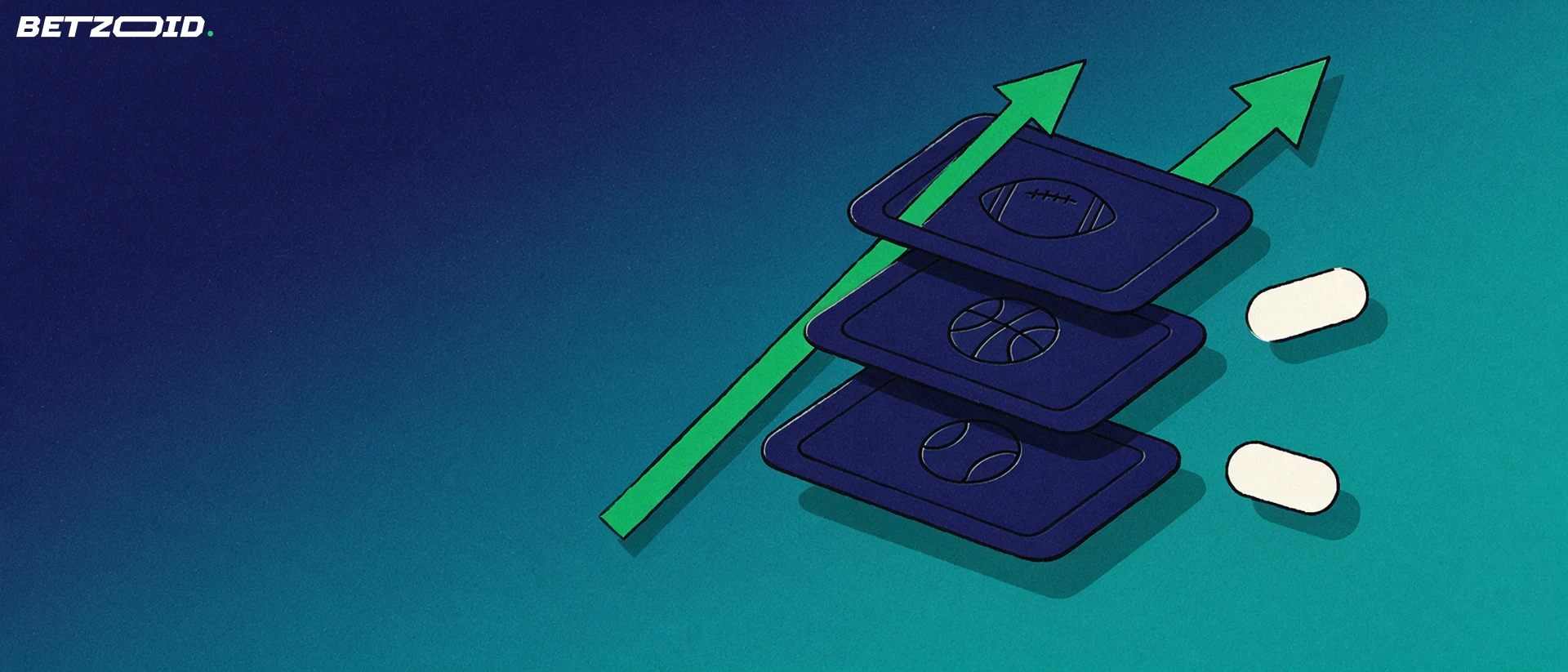 Illustration of three stacked betting market cards with football, basketball and tennis symbols and a rising green arrow
