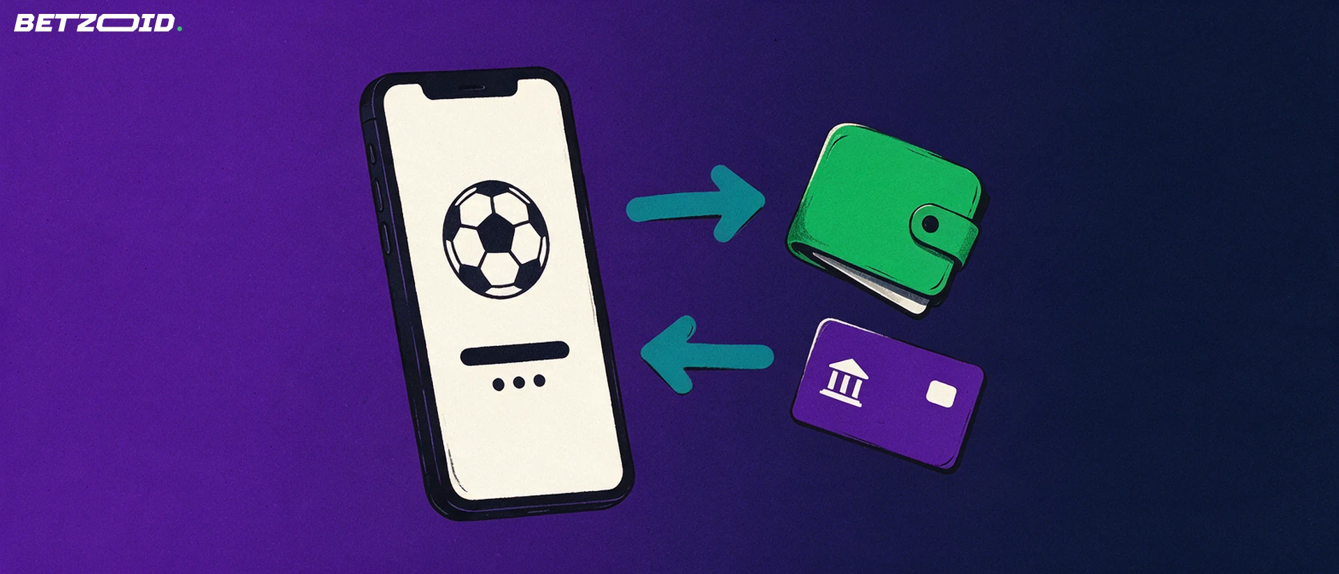 Illustration of a smartphone with a football symbol linked by arrows to a bank card and a wallet
