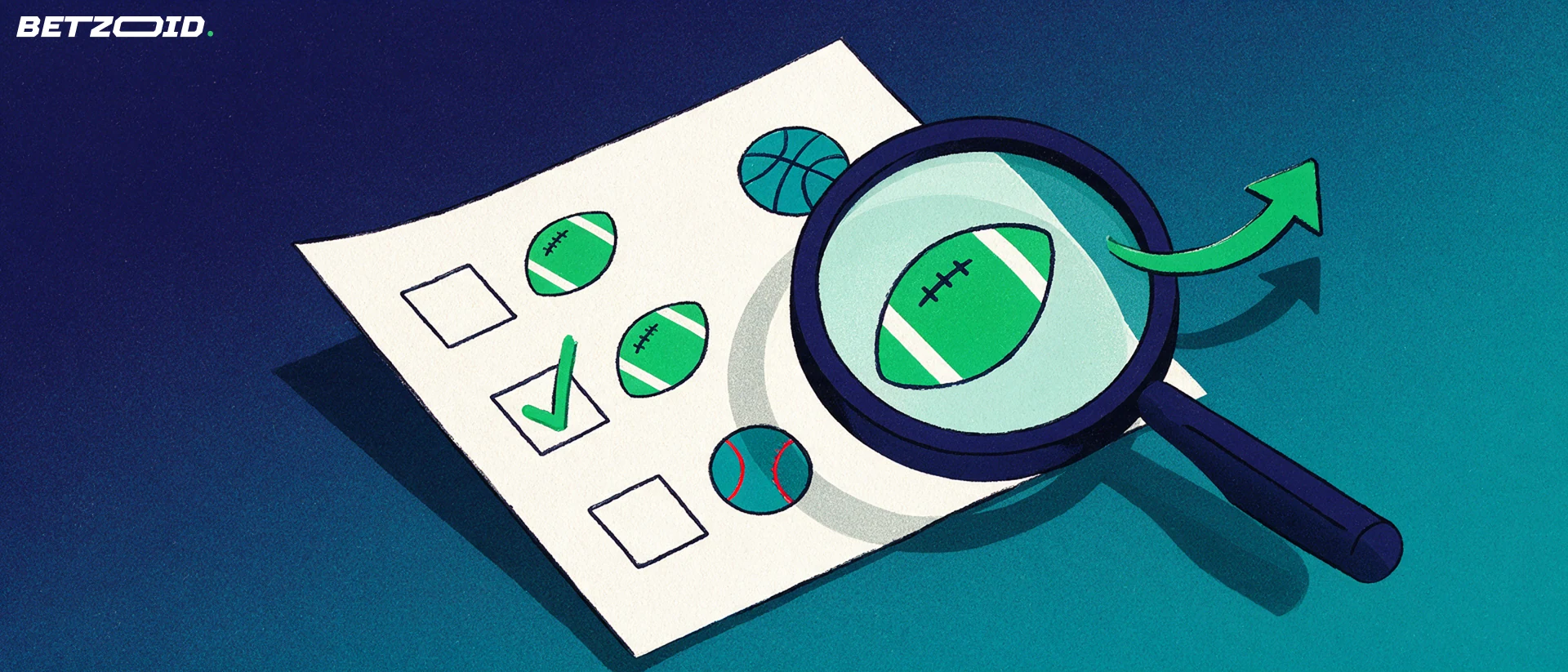 Illustration of a magnifying glass examining a paper betting slip marked with American football, basketball and baseball symbols.