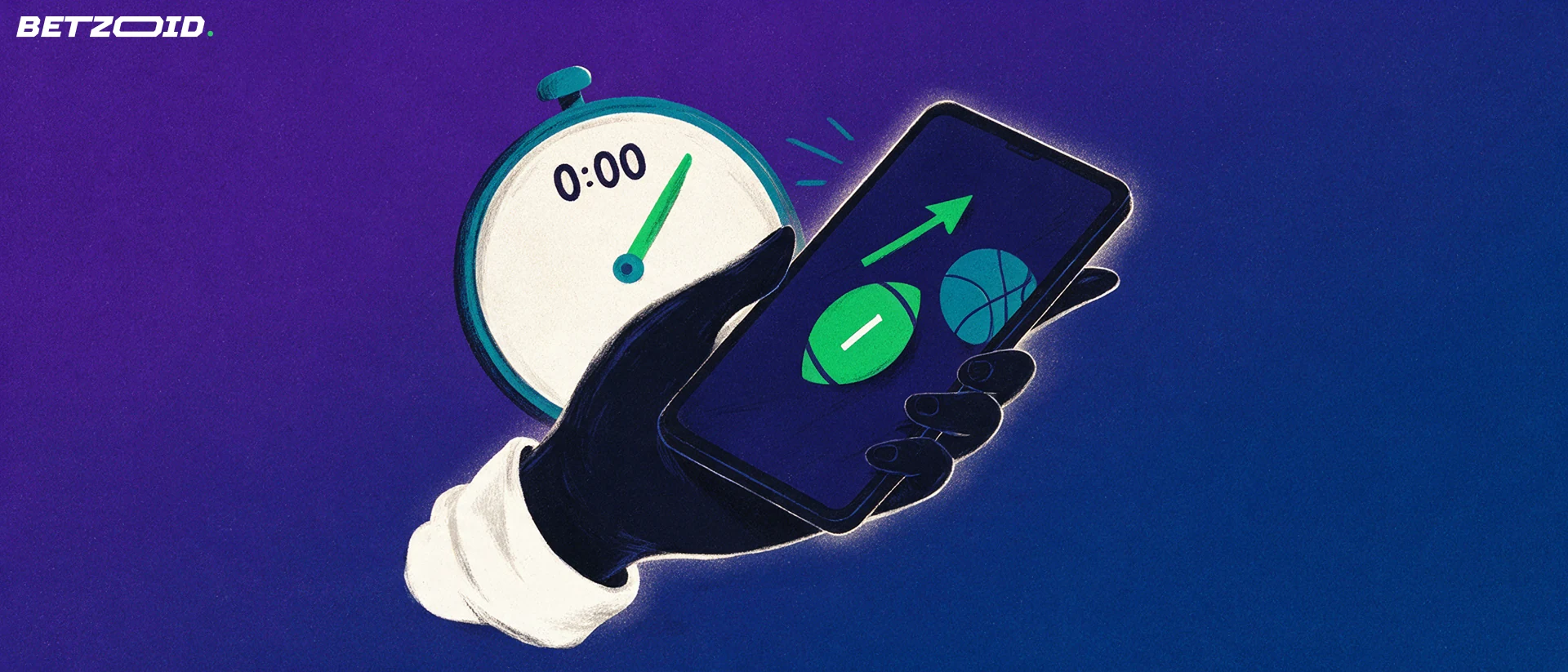 Illustration of a hand holding a phone showing football and basketball symbols beside a large stopwatch with a green hand.