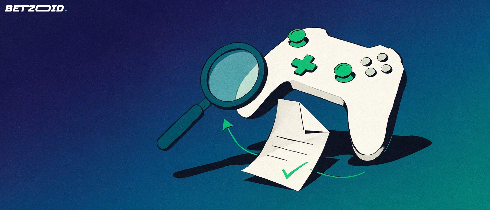 Illustration of a magnifying glass examining a game controller with a blank betting slip and a green tick.