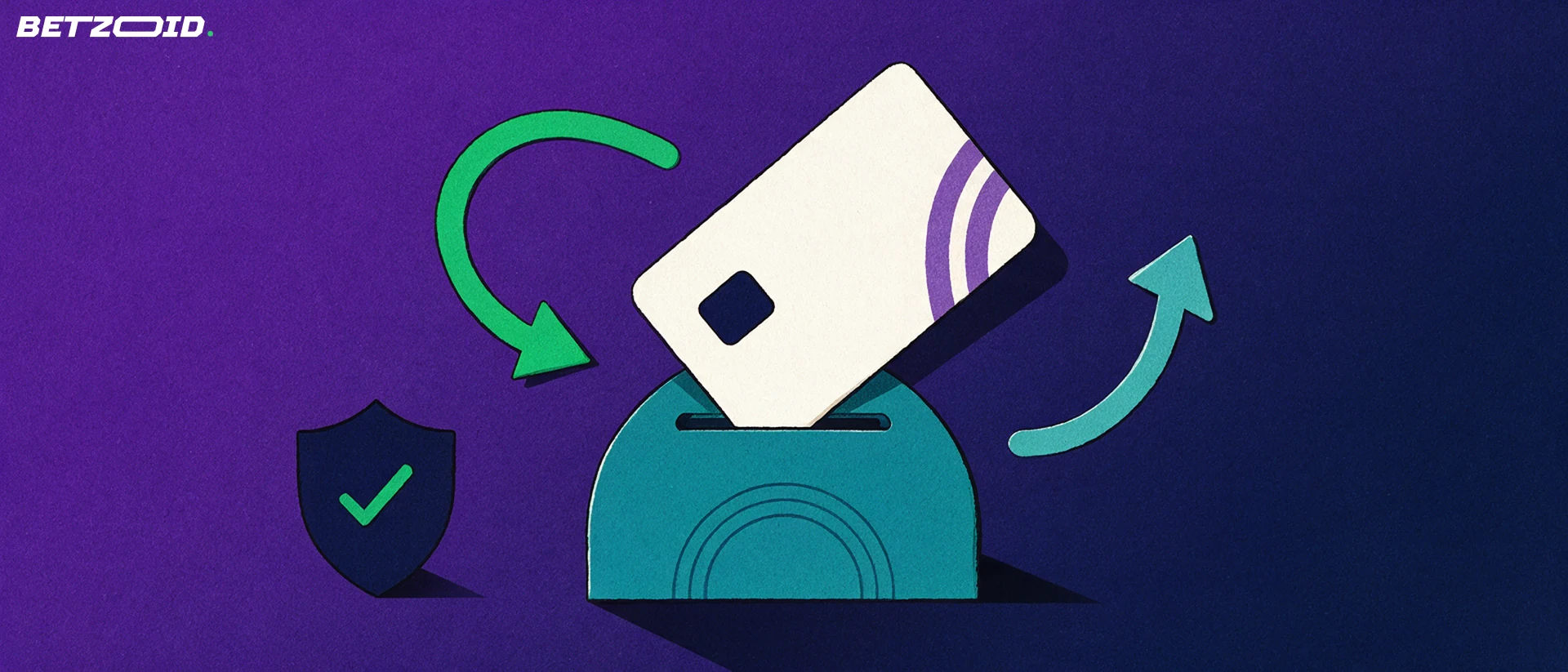 Illustration of a payment card entering a vault slot with deposit and withdrawal arrows and a shield with a tick.