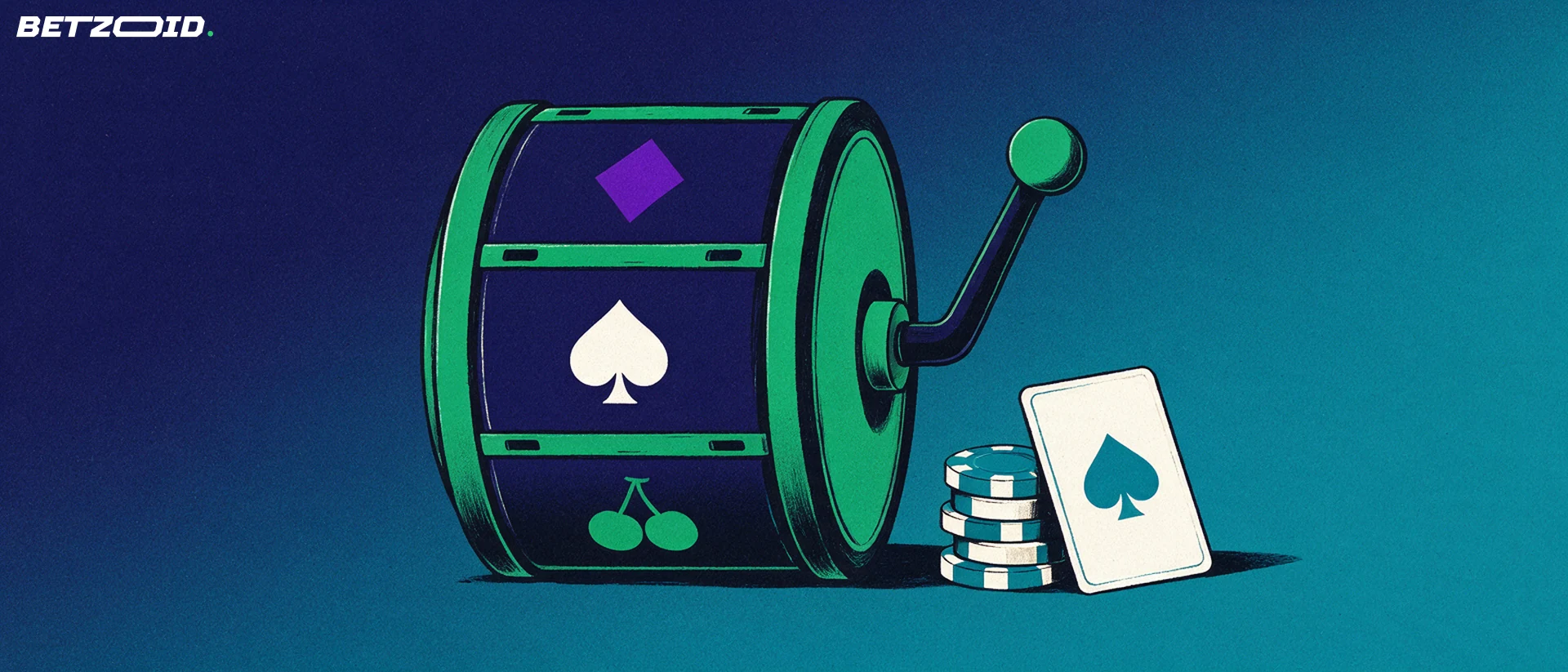 Illustration of a large slot reel drum with diamond, spade and cherry symbols beside a stack of casino chips and a playing card.
