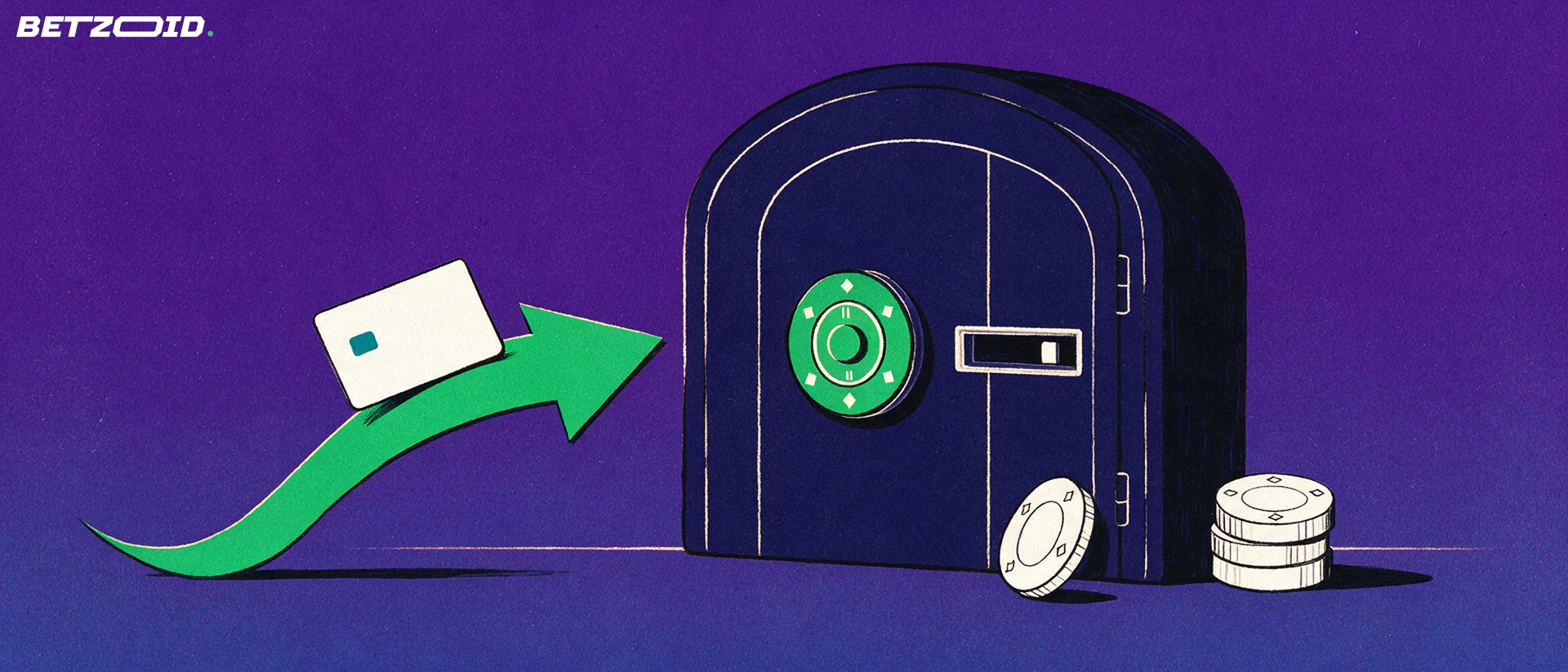 Illustration of a vault door with a casino chip dial while an arrow guides a plain bank card into a payment slot next to chip stacks.