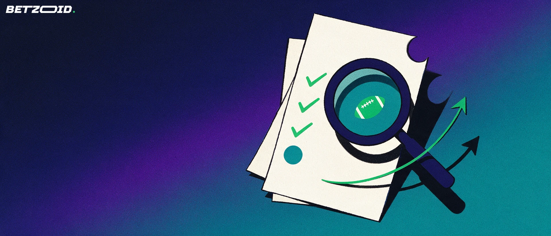 Illustration of a magnifying glass inspecting a paper sports betting slip marked with check marks and a small football icon.