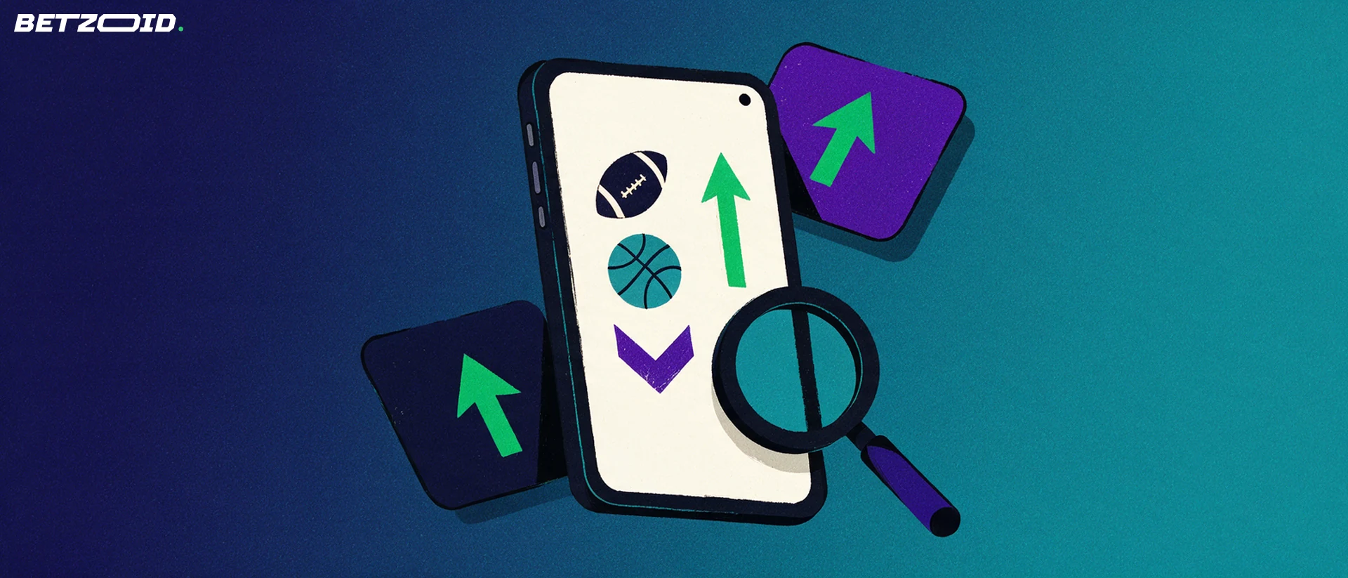 Illustration of a smartphone showing simple sports symbols, examined by a large magnifying glass with abstract betting cards behind it
