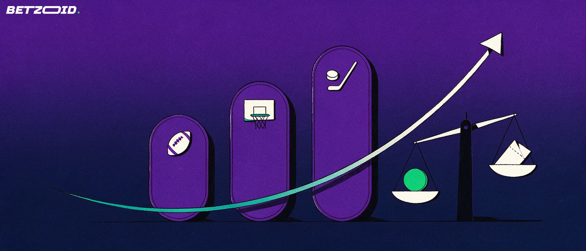 Illustration of three blank plaques with sport symbols forming a rising chart beside a balance scale holding a token and a betting ticket