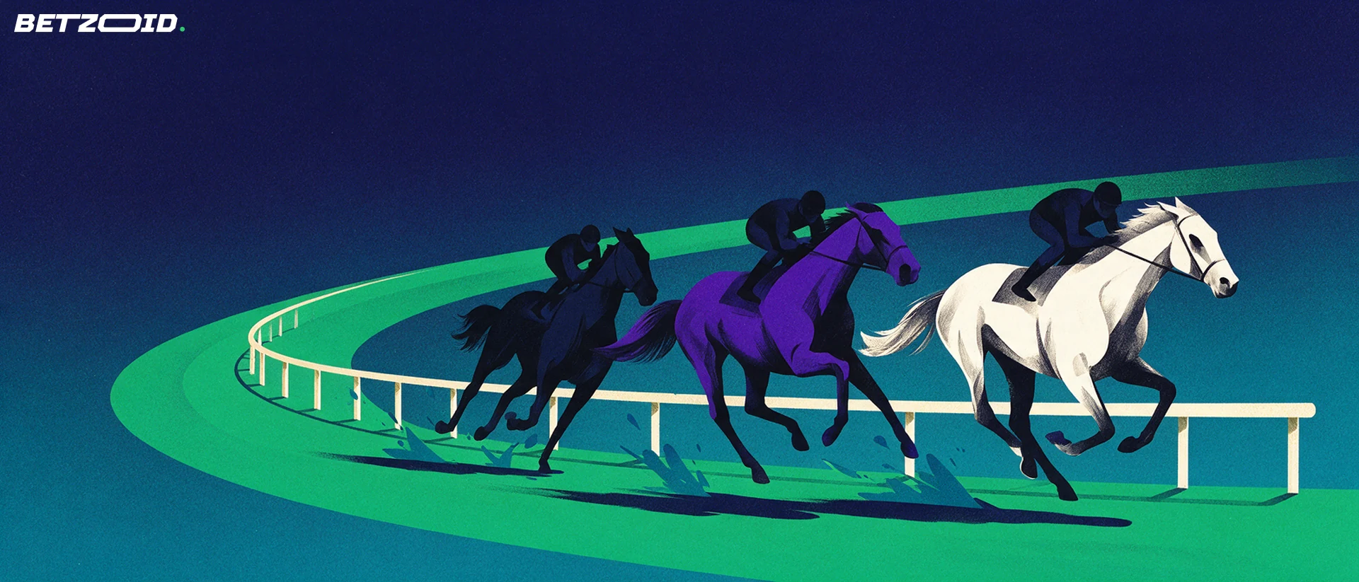 Illustration of three racehorses with jockeys galloping around a curved green racetrack against a navy background.