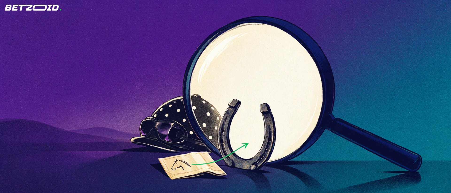 Illustration of a large magnifying glass inspecting a jockey helmet, a horseshoe and a folded betting ticket with a small horse symbol.