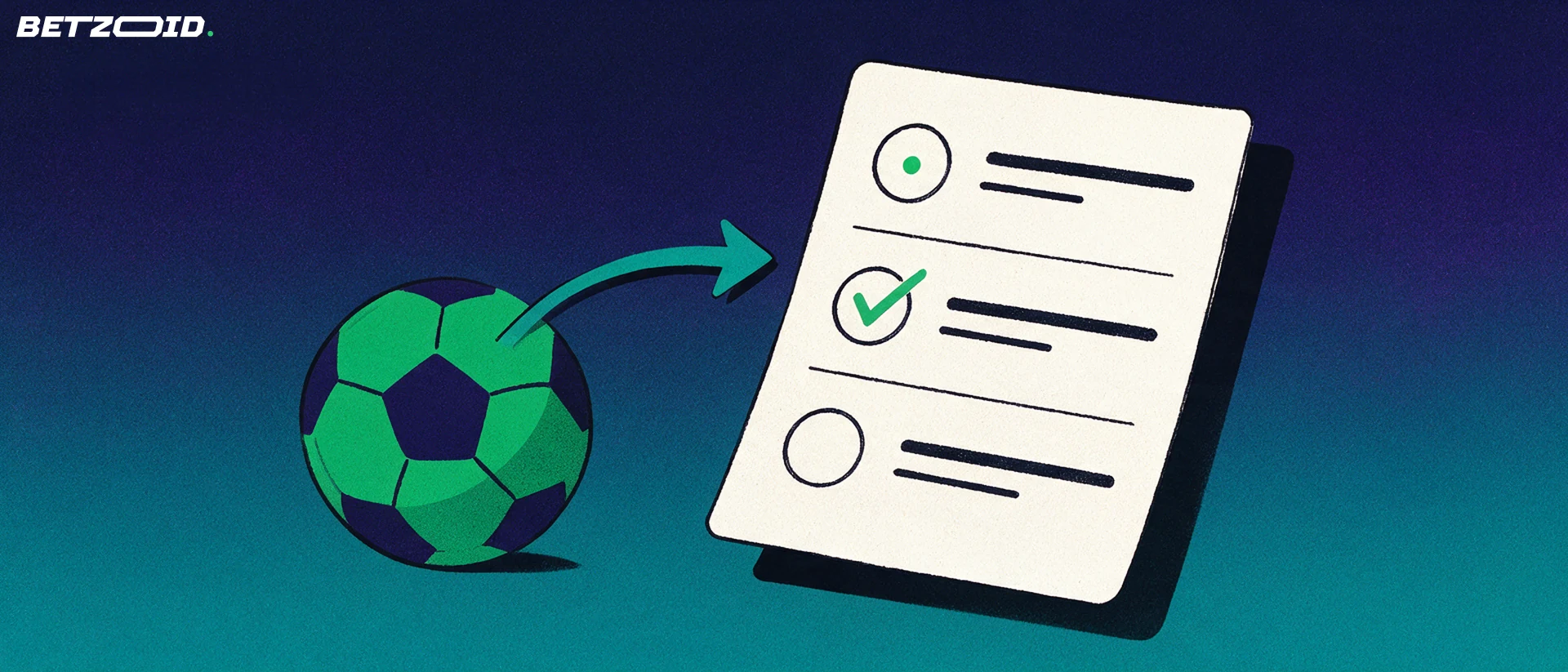 Illustration of a tilted paper betting slip with green tick marks, a geometric football and a curved arrow pointing from ball to slip.