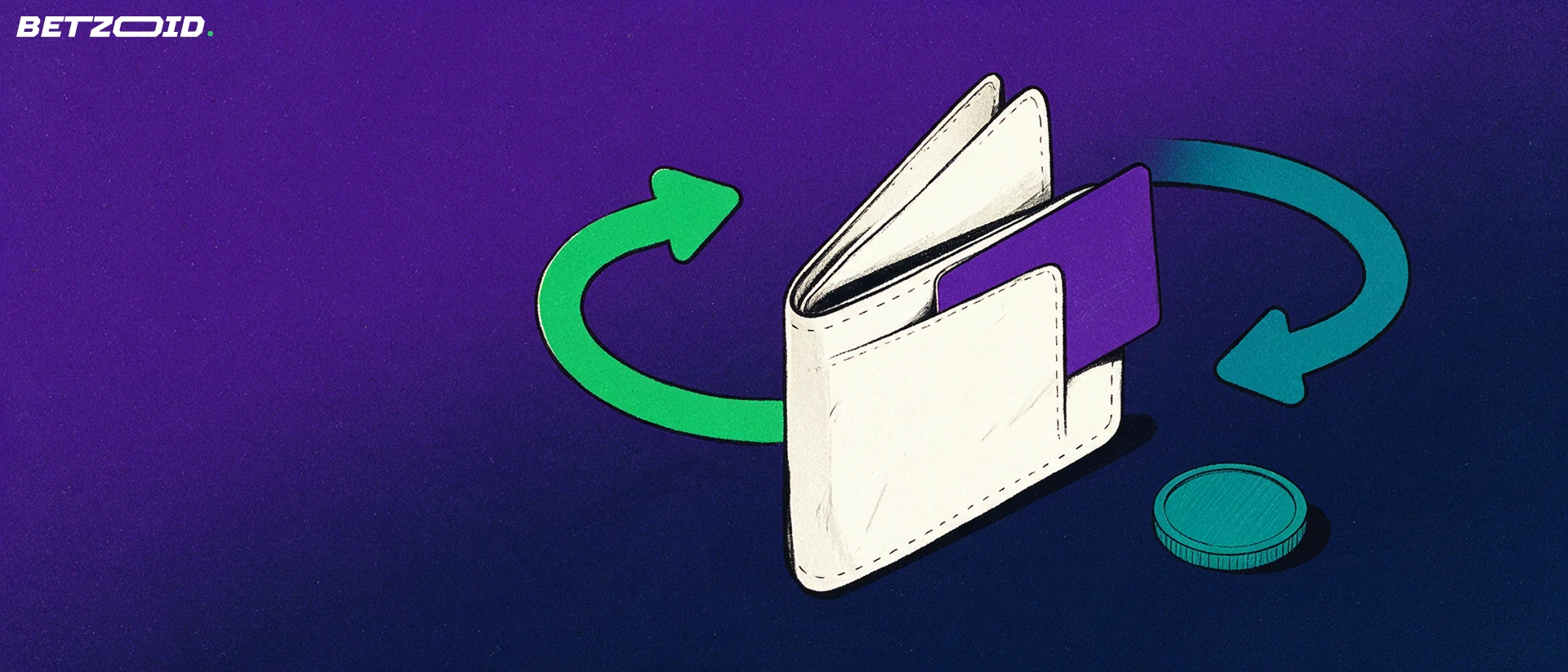 Illustration of an open wallet with a plain card and a coin, encircled by inward and outward arrows showing deposits and withdrawals.